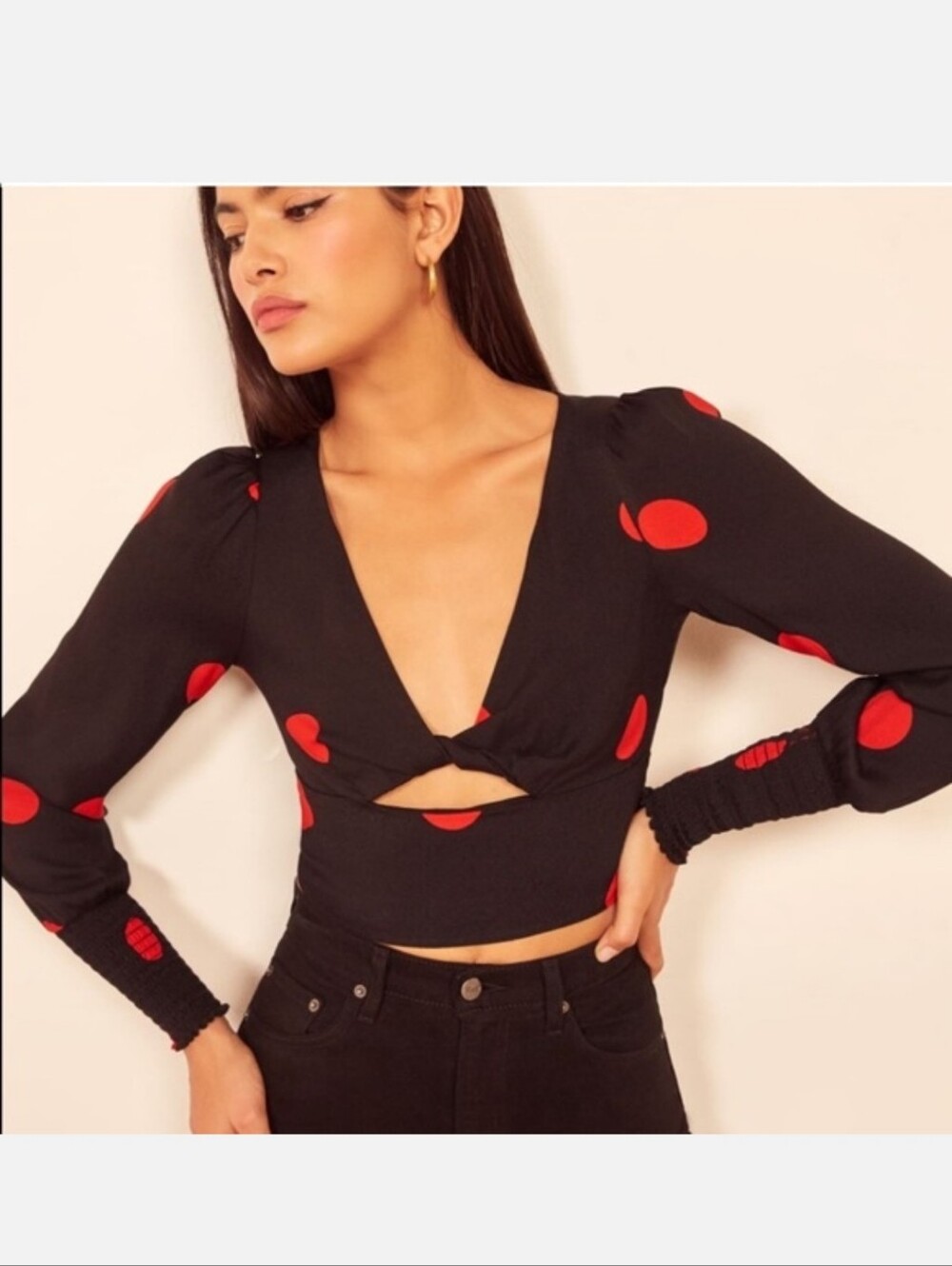 Reformation Marais Black Polka Dot Cropped Twist Front Blouse Womens Size 6